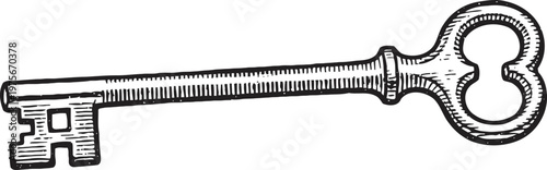 Vintage skeleton key illustration with ornate bow and detailed bit, antique door lock tool design