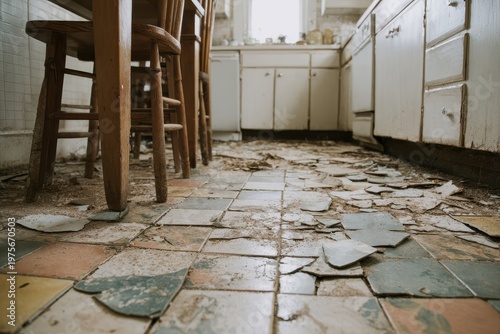 Dilapidated Kitchen Floor with Peeling Tiles and Abandoned Chairs in Natural Daylight
