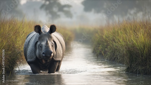 One Horned Rhinoceros Walking Through Water Channel in Lush Green Grassland During Morning Mist and Soft Sunlight Wildlife Nature