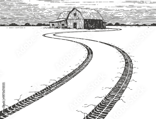 Curved tire tracks leading to a rustic barn in a snow covered landscape, rural winter scene