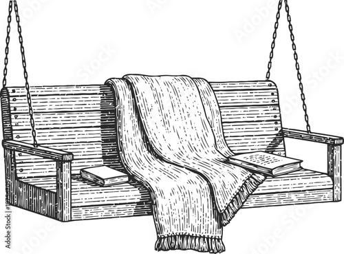 Wooden porch swing with cozy blanket and books hanging by chains, vintage sketch illustration