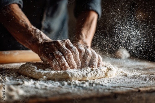 Close Up Of Skilled Hands Kneading Dough On A Rustic Wooden Table With Flour Dusting The Air Creating A Warm Inviting Atmosphere And Showing The Art Of Baking In Natural Light