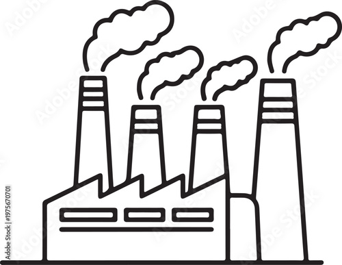 Black and white line of an industrial factory with four smoking chimneys emitting clouds of pollution