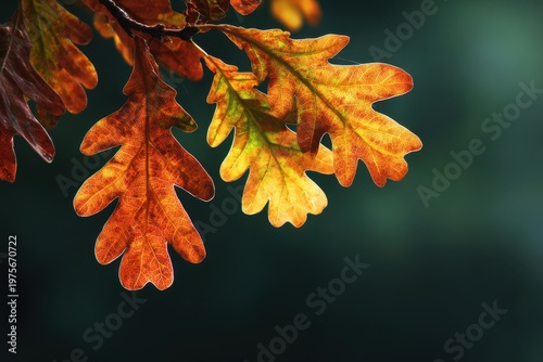 Close up of vibrant autumn oak leaves in warm golden orange and yellow hues glowing with backlighting against a dark blurred forest background capturing the essence of fall season