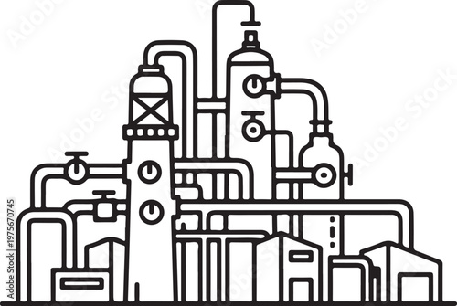 Black and white line of an industrial oil refinery plant with tall distillation towers, interconnected pipes, and valves