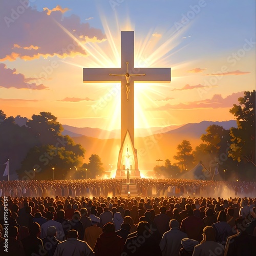 A large crowd gathers around a giant cross at sunset