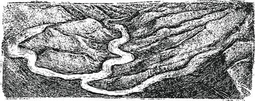 detailed vintage illustration of winding river flowing through mountainous terrain with valleys