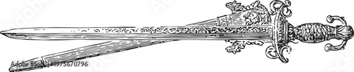 Antique double edged sword with ornate hilt and detailed floral decorations, medieval weapon illustration