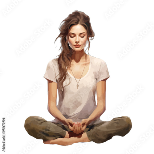 Watercolor Young Woman Meditating in Lotus Position - Calm Mindfulness and Yoga Practice Vector Illustration