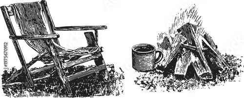 rustic wooden chair beside campfire with mug outdoors vintage camping scene with firewood and relaxed seating