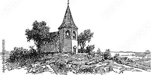 Vintage church on rocky hill with trees, historic building sketch in black and white