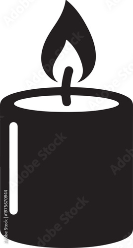 Black and white of a lit candle with a burning flame and a vertical highlight stripe on the side