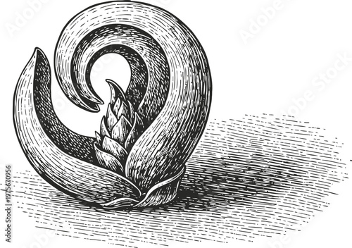 fern fiddlehead close up emerging curled frond detail forest plant growth spring nature illustration