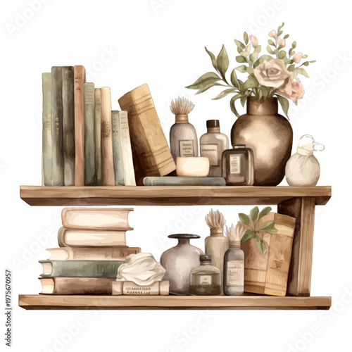 Watercolor Wooden Bookshelf with Vintage Books, Flowers, and Apothecary Bottles - Cozy Home Decor Vector Illustration