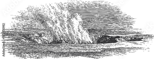 ocean wave crashing against rocky shore with splashing water and dynamic sea surface
