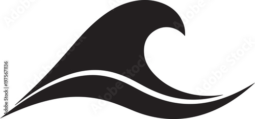 Black and white of a stylized ocean wave with a curved crest and a sweeping base line on a white background