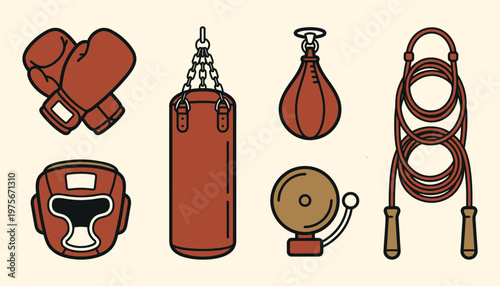 Vintage style boxing equipment set with gloves and punching bag