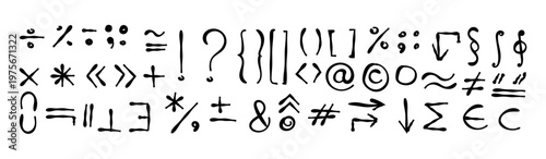 Hand drawn punctuation and mathematical symbols set in doodle style with ink scribble marks including arrows brackets equations and abstract signs for creative design use.Vector illustration