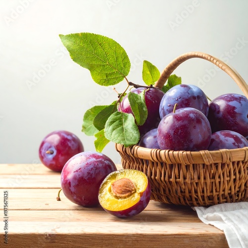 Fresh plums in a wicker basket on a wooden table