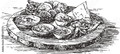 Mexican food platter with tacos, lime slices, sauces, and tortilla chips on a wooden board illustration