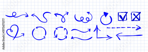 Hand drawn arrows set in blue ink doodle style with directional symbols curved arrows loops check marks and flow indicators for presentations infographics education materials workflow diagrams.Vector