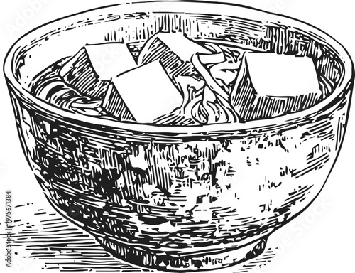 Traditional miso soup bowl with tofu cubes and seaweed, japanese cuisine illustration