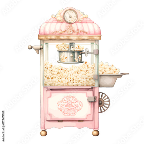 Vintage Pink Popcorn Machine Watercolor Illustration for Carnival and Movie Nights