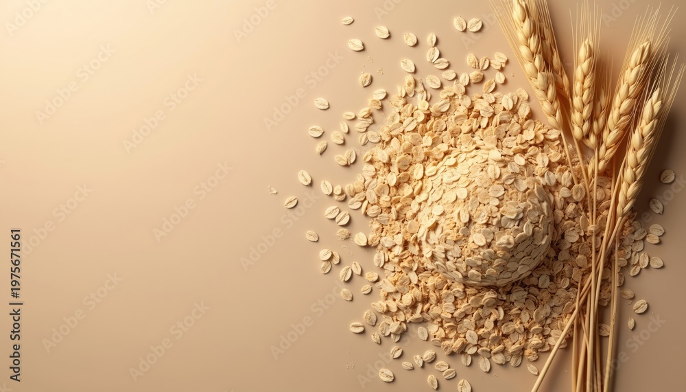Fototapeta premium Heap of oatmeal groats and wheat ears on beige background. Dry cereal flakes form mound shape for healthy breakfast meal. Natural food ingredient for porridge and muesli.