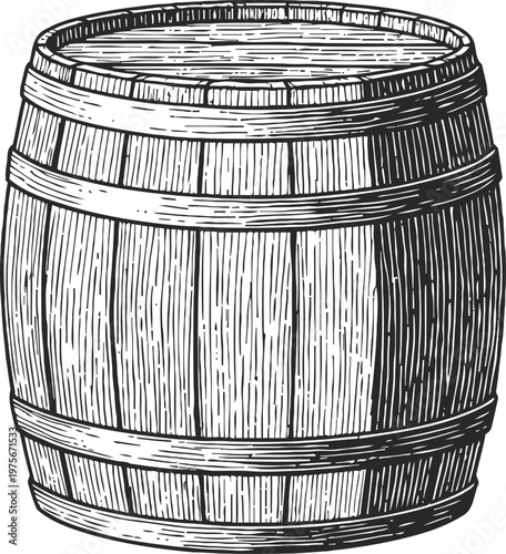 Wooden barrel sketch vintage hand drawn oak wine container with metal hoops illustration