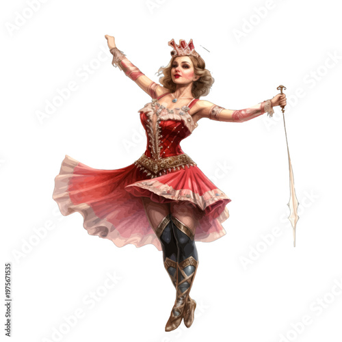 Vintage Circus Trapeze Artist in Red Costume Performing Aerial Acrobatics