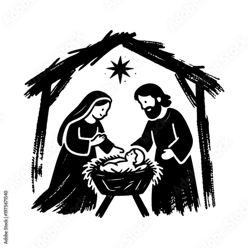 Traditional black and white sketch of nativity scene showing Mary, Joseph, and baby Jesus in a stable with a star above, on white background
