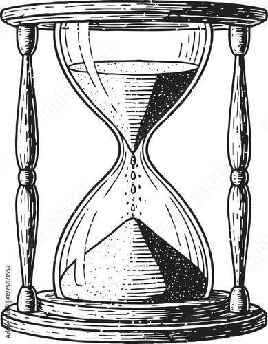Vintage hourglass illustration with flowing sand and wooden frame, classic time measuring tool design