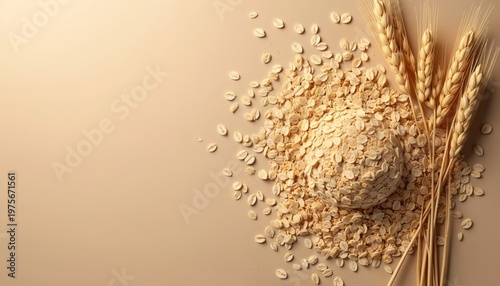 Heap of oatmeal groats and wheat ears on beige background. Dry cereal flakes form mound shape for healthy breakfast meal. Natural food ingredient for porridge and muesli.