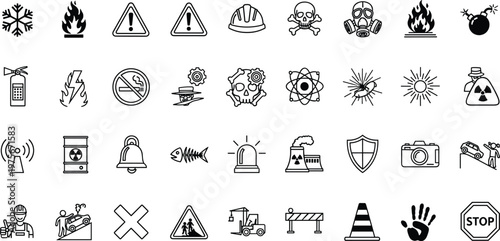 Safety hazard icon collection, industrial warning vector artwork, workplace precaution illustration, risk protection design composition