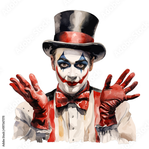 Dramatic Joker Clown Portrait in Black Top Hat and Red Gloves Illustration