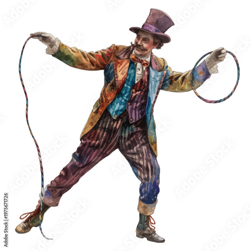 Vintage Circus Ringmaster Portrait with Whip and Hoop in Colorful Attire