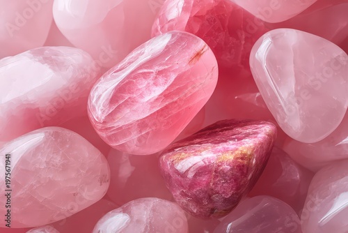 Close up of tumbled rose quartz and rhodonite gemstones in soft pink and deep magenta hues showing natural striations and crystalline textures under soft light creating a calming and serene