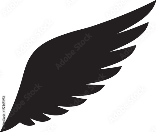 Black silhouette of a single bird wing with stylized pointed feathers, isolated on a white background