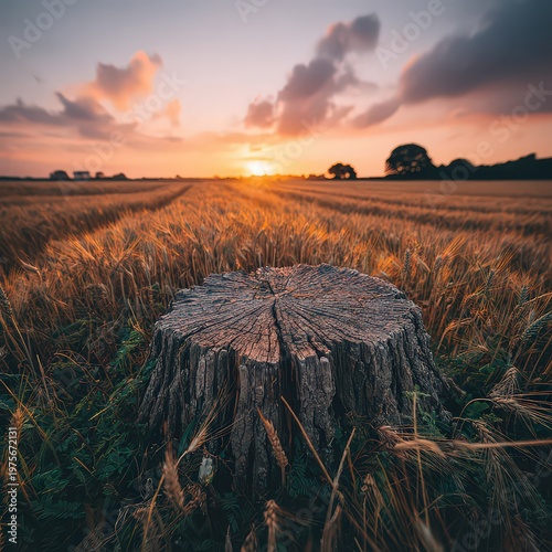 Golden Hour Sunrise Over a Vast Wheat Field With a Weathered Tree Stump in the Foreground Warm Light Illuminates Dew Drops on Grass and Creates Dramatic Clouds in the Sky