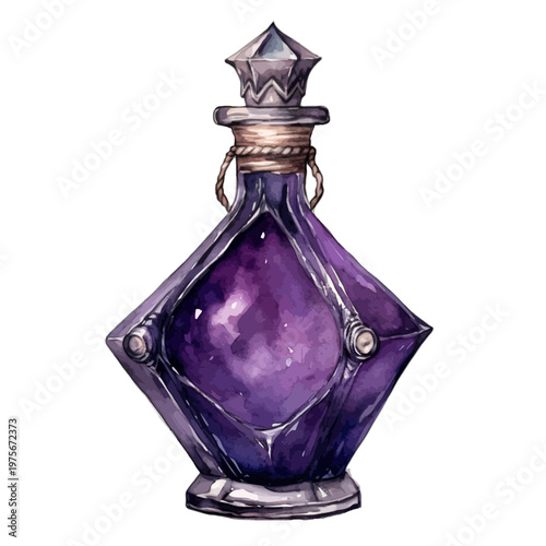 Watercolor Magic Potion Bottle with Glowing Purple Elixir and Crystal Stopper - Mystical Fantasy Vector Illustration