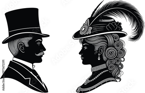Victorian silhouette portrait collection, elegant fashion vector artwork, vintage couple illustration, historical attire design composition