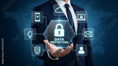 Cybersecurity Technology with Digital Icons and Secure Data Network