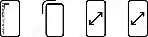 Minimal smartphone screen icons. Crop, duplicate, expand and resize arrows. Outline mobile UI symbols. Modern interface design vector for app development technology. Graphic foldable phone asset pack
