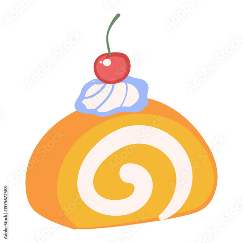 Hand drawn swiss roll cake slice with cream and cherry on top. Vector doodle illustration of sweet biscuit roll dessert and bakery pastry isolated on white background.