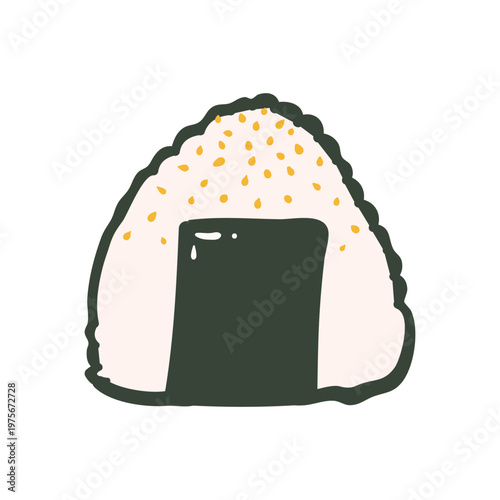 Hand drawn oniigiri rice ball with nori seaweed and sesame seeds. Vector doodle illustration of japanese snack and asian street food isolated on white background for menu design.