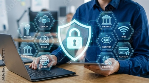 Data Protection Technology Interface with Blue Holographic Security Icons