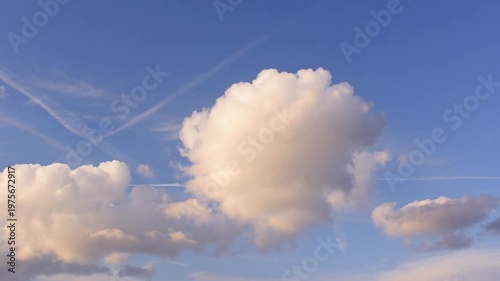 White fluffy clouds drifting across a clear blue sky, soft sunset lighting with lingering airplane vapor trails in the atmosphere.