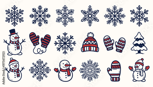 Winter doodle icon set with snowflakes snowmen and mittens