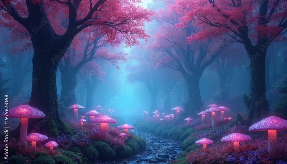Naklejka premium Pink glowing mushrooms grow along stream in mystical forest with fog. Tall trees have pink foliage. Dreamlike nature landscape, magical atmosphere and soft ethereal light.