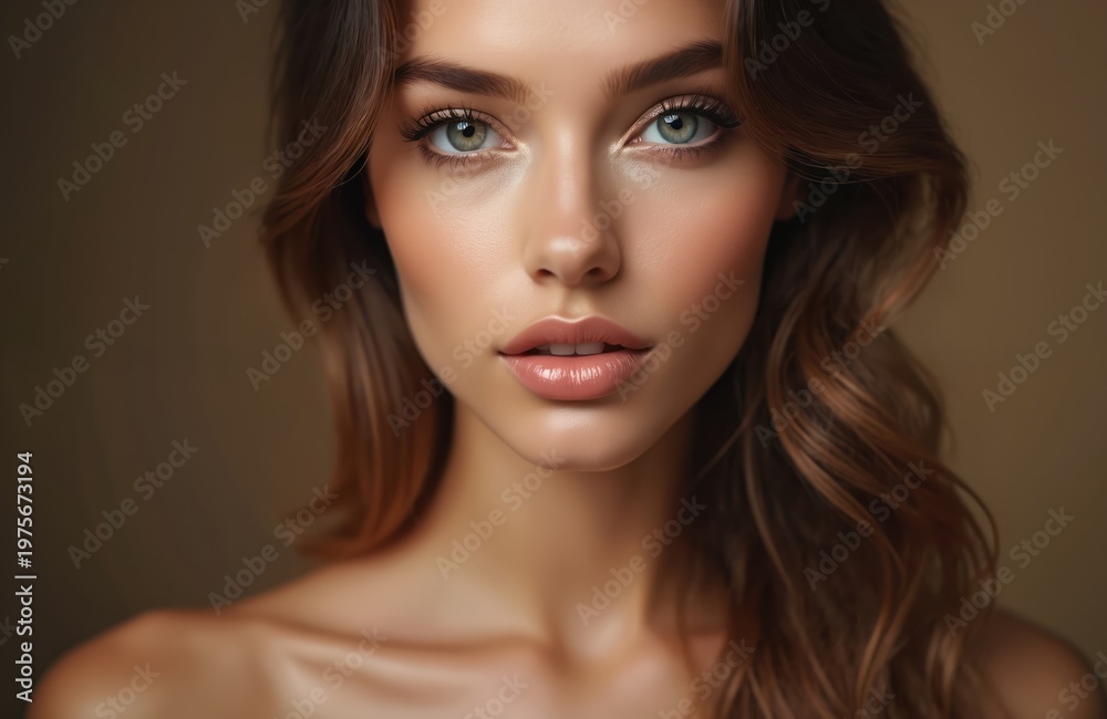 Fototapeta premium Young woman face closeup with perfect skin. Elegant makeup highlights eyes lips. Healthy natural beauty glows against dark beige backdrop studio shot.